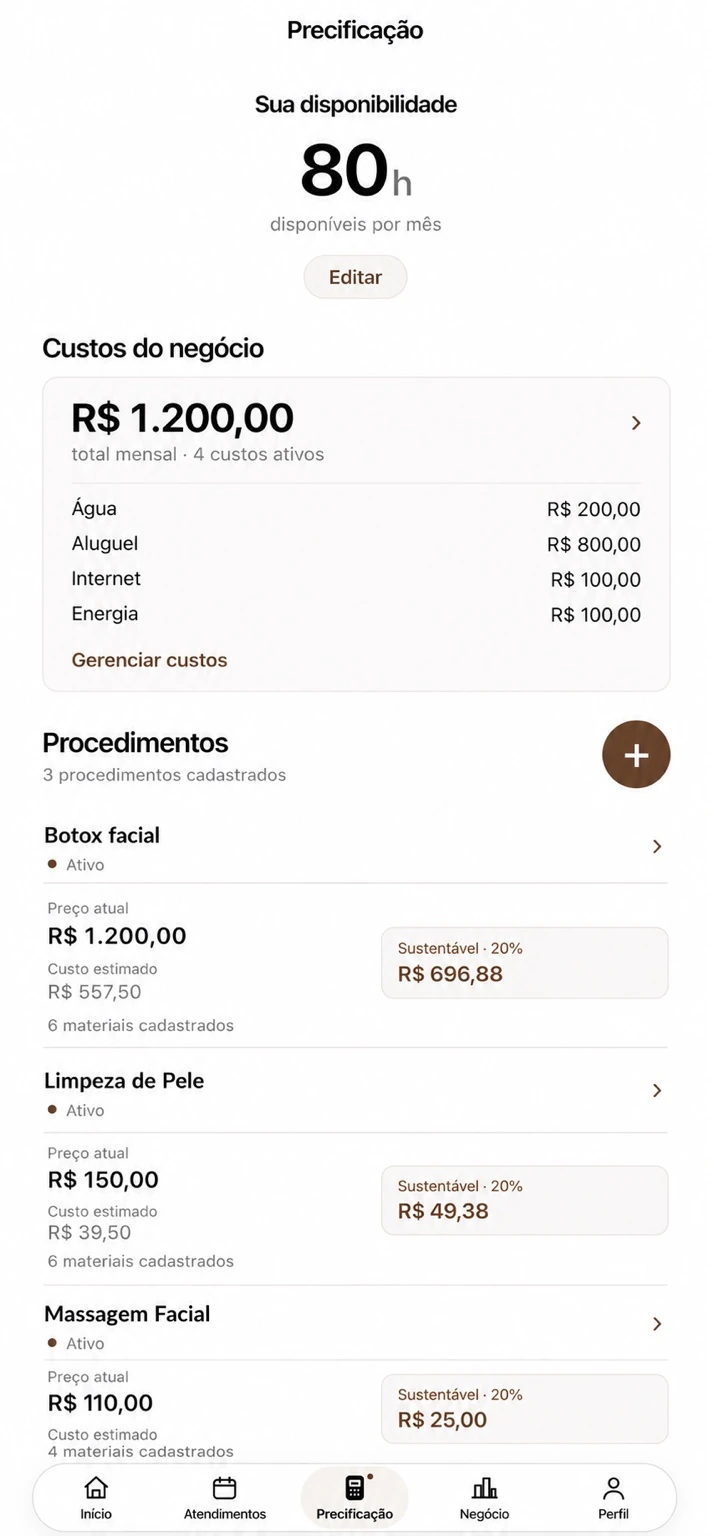 Captura real da tela de precificação do Gevie Beleza